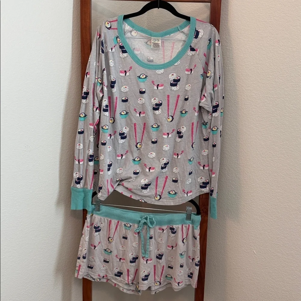 munki munki Women’s Sushi Print Novelty L/S Top and Shorts Pajama Set Size Large